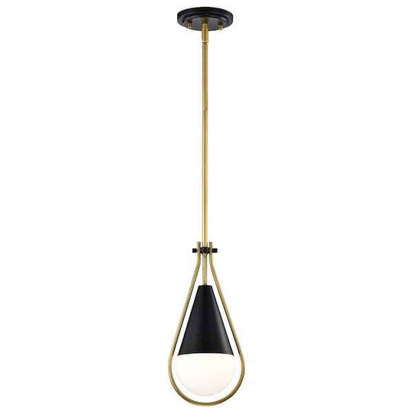 Admiral 1-Light Pendant 10 In. Matte Black And Natural Brass White Opal Glass